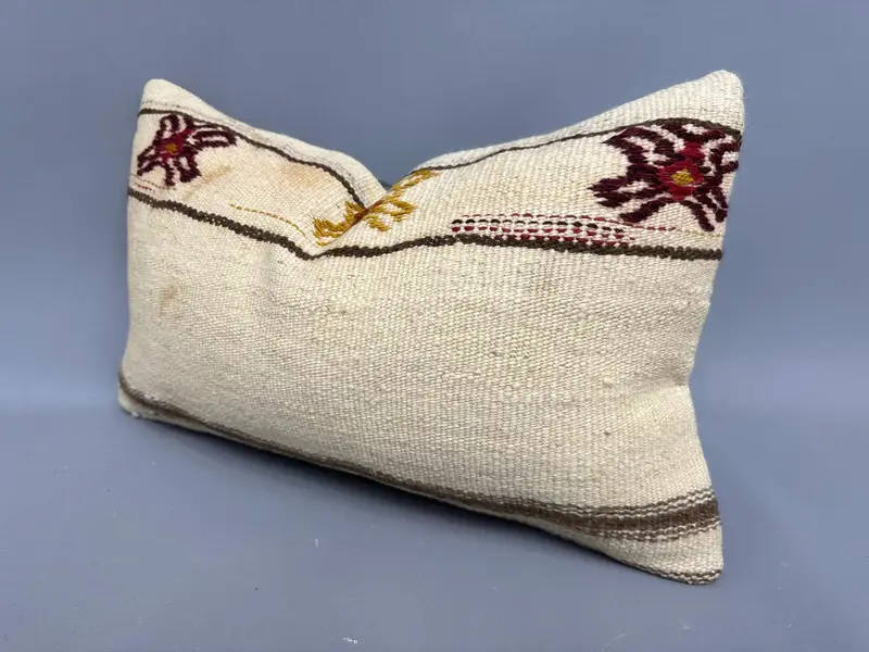 Cushion Cover, Handmade Kilim Cushion, Decorative Bolster Pillow, Vintage Kilim Pillow, Boho Pillow, Handmade Throw Pillow Cover, 12x20 Beige Pillow - 3