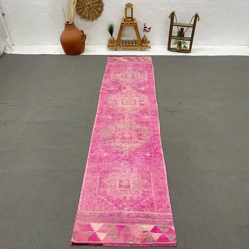 Turkish Rug, Runner 2.6x10.7 ft Vintage Rug, Pink Gray Paisley Wool Rug - 1