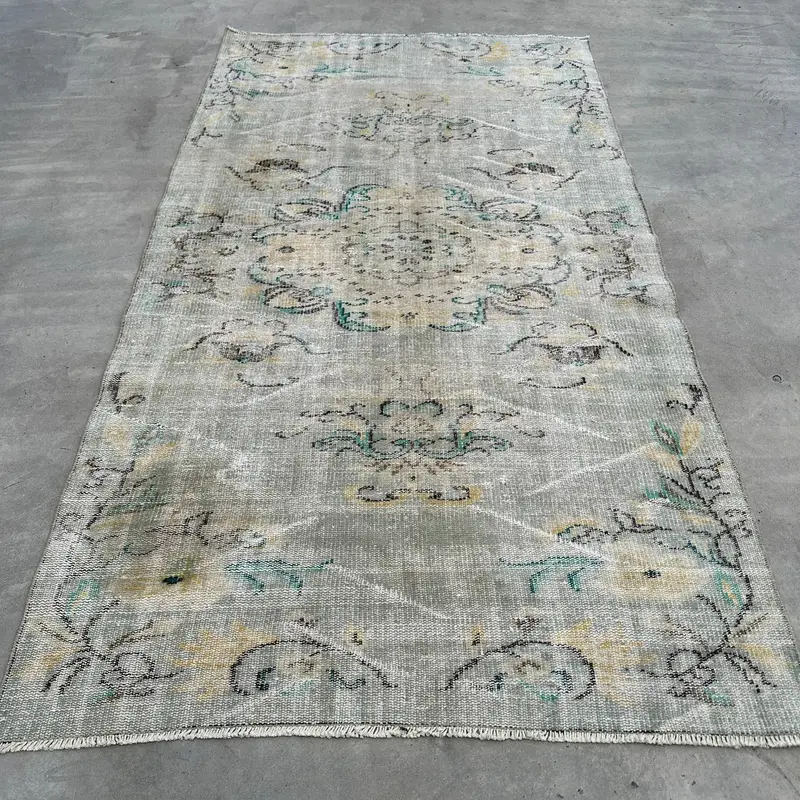 Vintage Rug, 4x4.3 ft Accent Turkish Rug, Oushak Gray Blue Animal Print Rug - 1