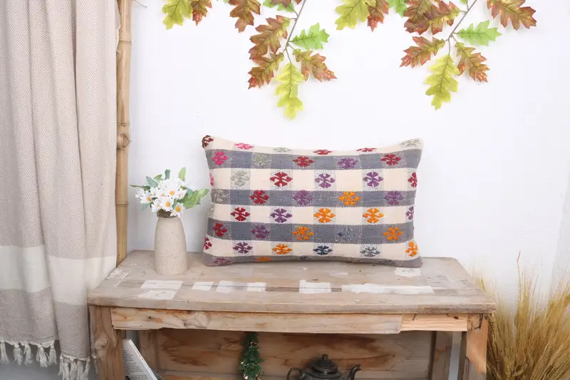 Turkish Pillow, 12x20 White Cushion, Retro Pillow Sham, Interior Designer Pillow, Cushion Cover, Oriental Pillow Cover, Kilim Pillow - 1