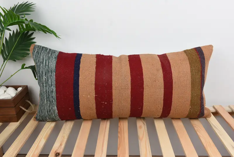 Kilim Pillow Cover, Boho Pillow, 16x36 Red Cushion Cover, Handmade Kilim Cushion, Cushion Case, Pastel Pillow Cover, Tapestry Cushion Cover - 1