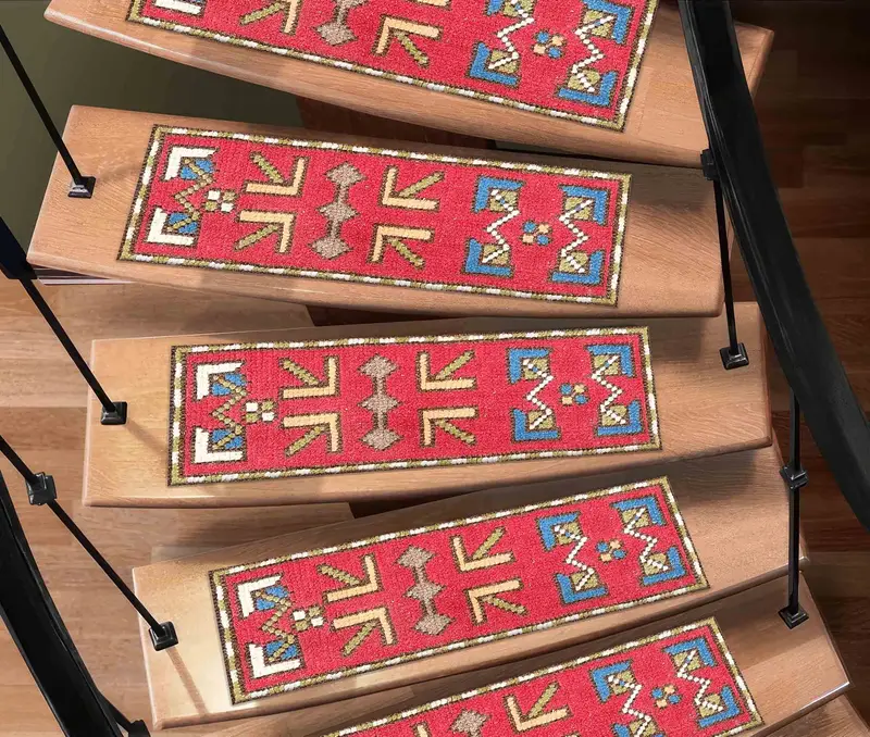 Red Kilim Design Printed Rug: Ethnic Pattern Stair Rug