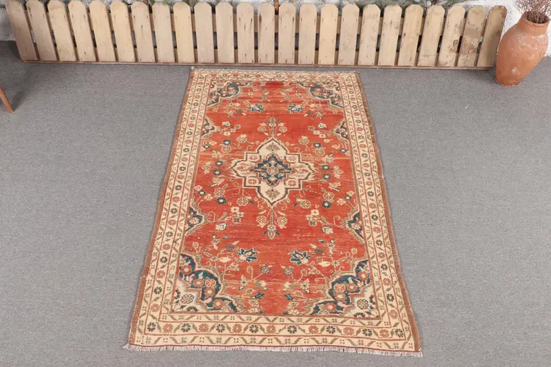 El Yapımı Turuncu & Mavi Halı, 3,2x5 ft Kare Desenli