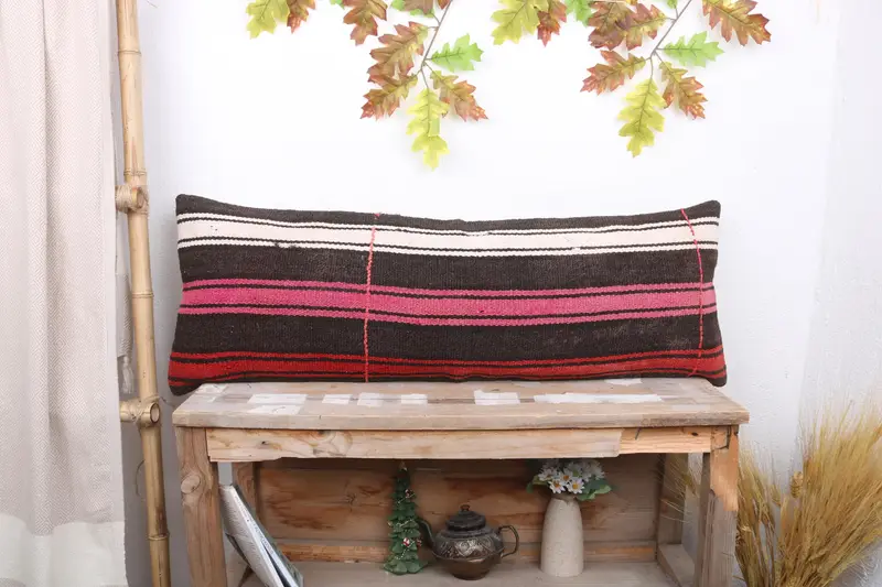 Pink Striped Throw Pillow, Embroidered Vintage Cushion