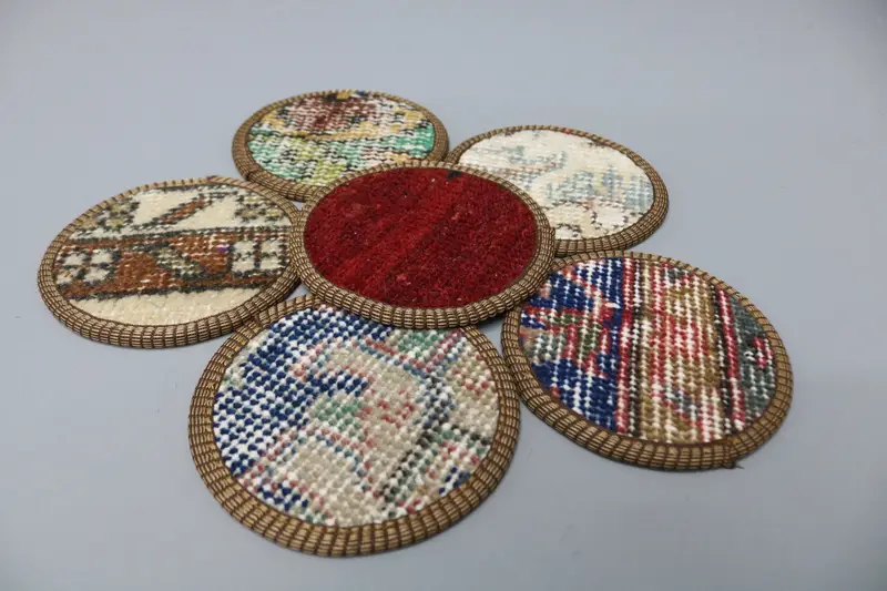 Red and Bronze Ethnic Coaster, Unique Handcrafted Wool Coaster