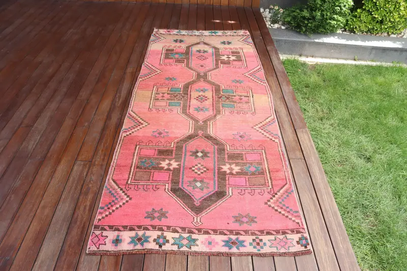 Turkish Vintage Rug, 3.2x8.2 ft Oushak Rug, Pink Blue Oriental Rug - 1
