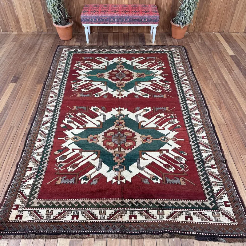 Vintage Türk Oushak Halısı 6.6x9.8 ft (201x298 cm), Kırmızı Kareli Yün Halı - 1