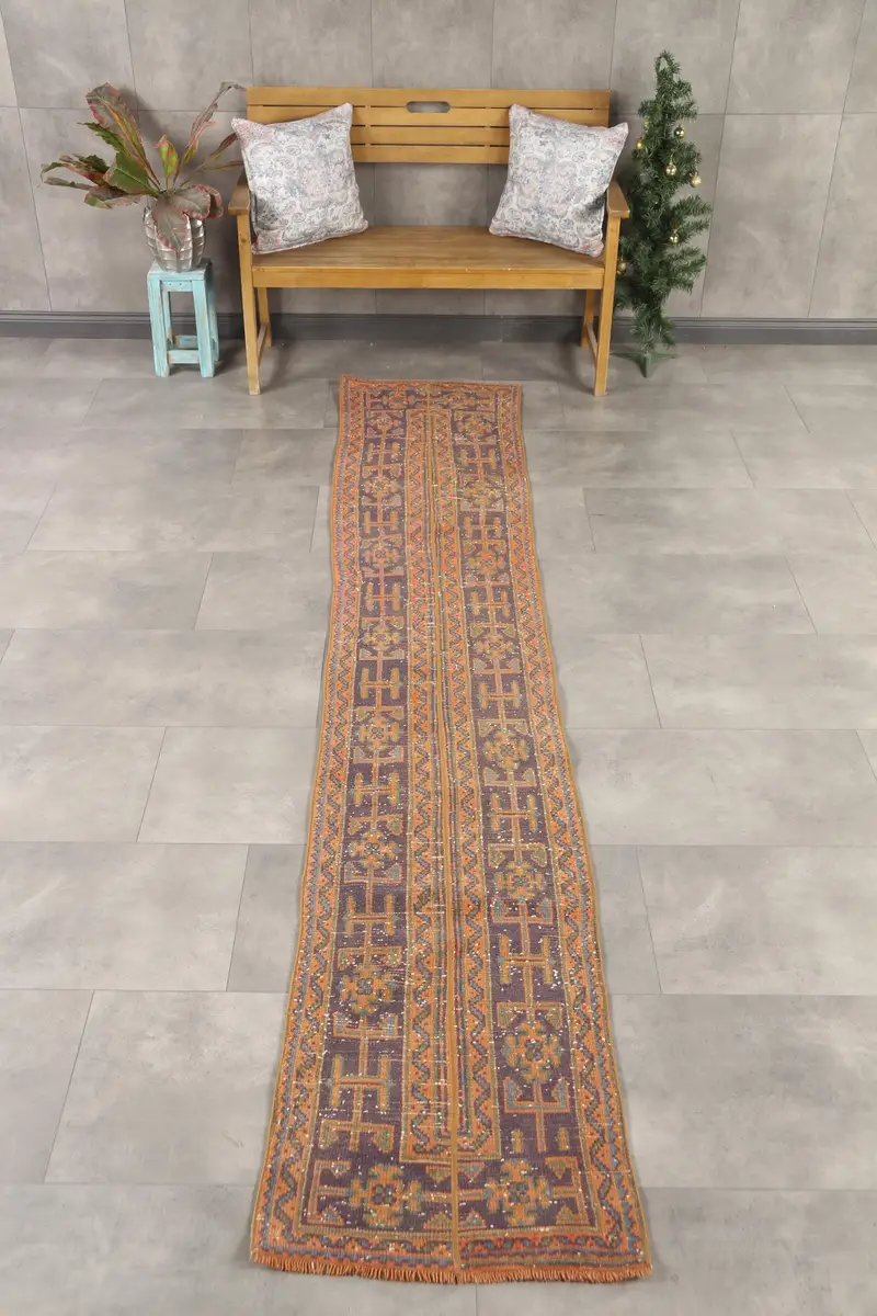 2x11.2 ft Türk Halısı, Vintage Yolluk Halısı, Turuncu Patchwork Yün Halı - 1