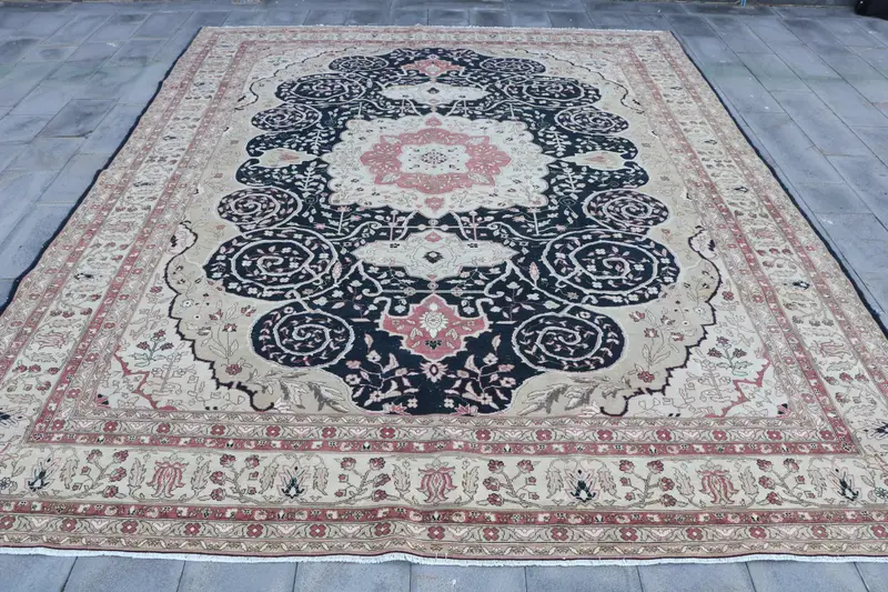 Vintage 11x13.6 ft Rug, Oushak Turkish Rug, Black Ikat Rug Wool - 1