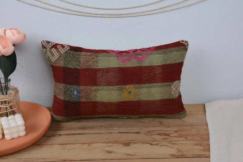 Boho Pillow, Vintage Kilim Throw Pillow, Interior Designer Pillow, Boho Chic Pillow, Nomadic Pillow, 12x20 Red Cushion Cover, Pillow - 2