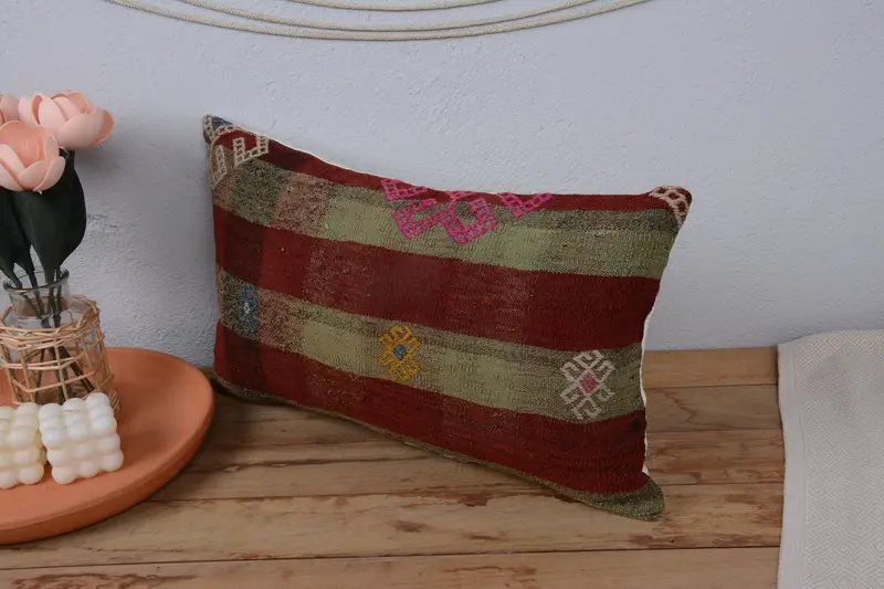 Boho Pillow, Vintage Kilim Throw Pillow, Interior Designer Pillow, Boho Chic Pillow, Nomadic Pillow, 12x20 Red Cushion Cover, Pillow - 4