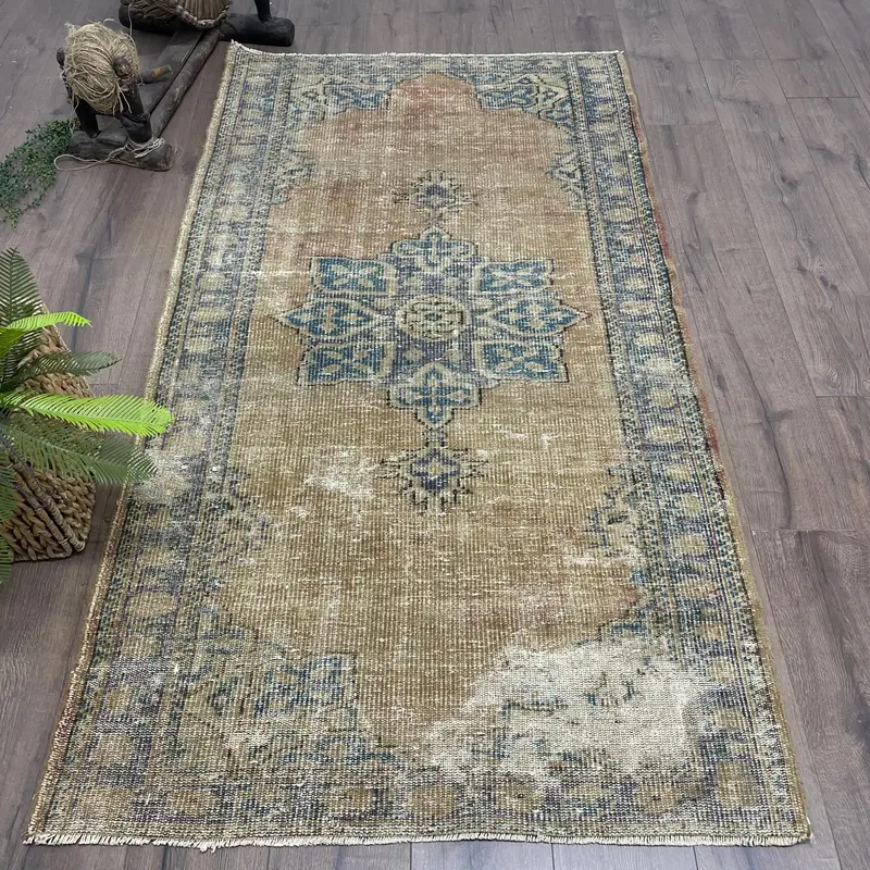 Vintage Turkish Rug 3.5x6.6 ft (108x202 cm), Oushak Brown Wool Rug - 1