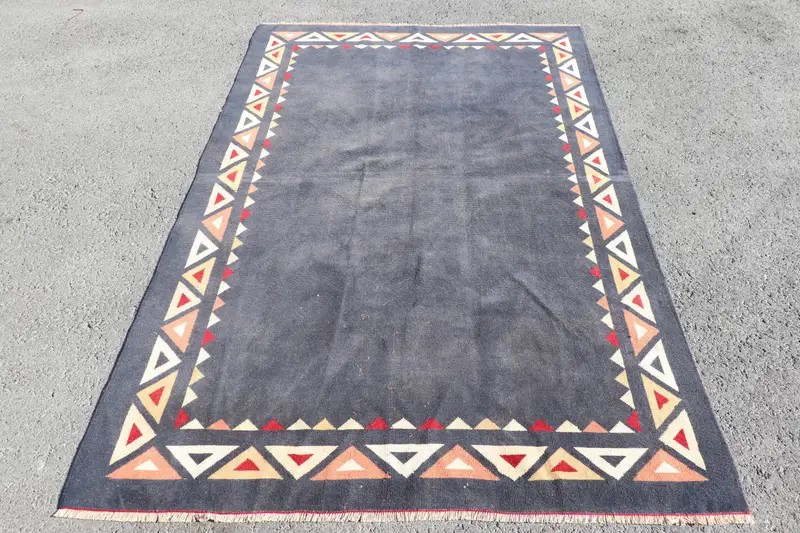 Türk Bölge Halısı 4.7x7.3 ft, Mavi Patchwork Vintage Yün Halı - 1