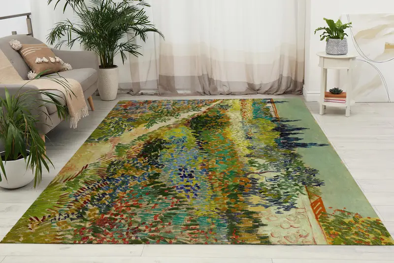 Elegante alfombra estampada: flores verdes y coloridas, estilo boho de granja