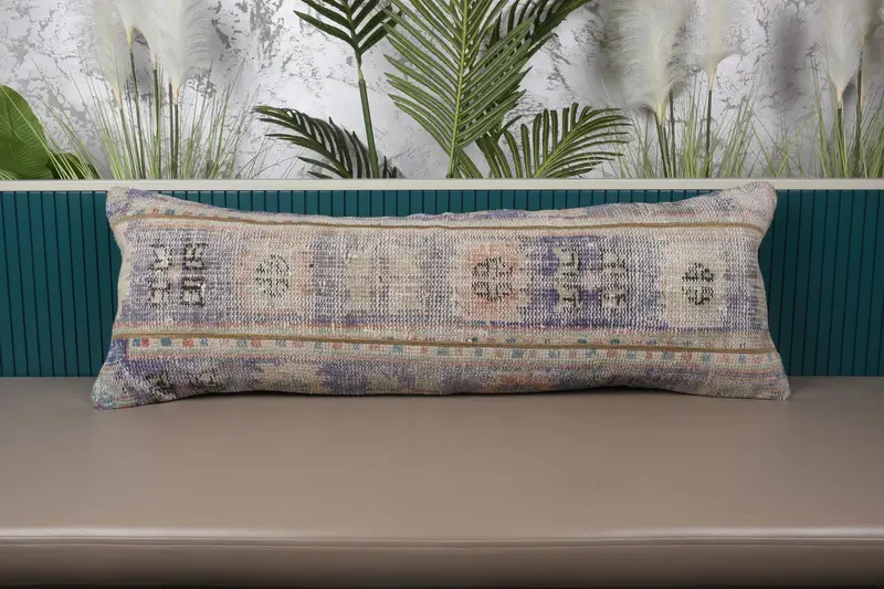 Blau & Beige besticktes Wurfkissen, handgemachtes Patchworkkissen