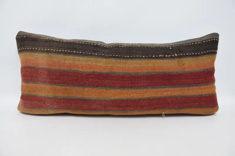 Vintage Moroccan Wool Pillow Sham, 16x36 inch WovenOrange Striped Pillow - 1