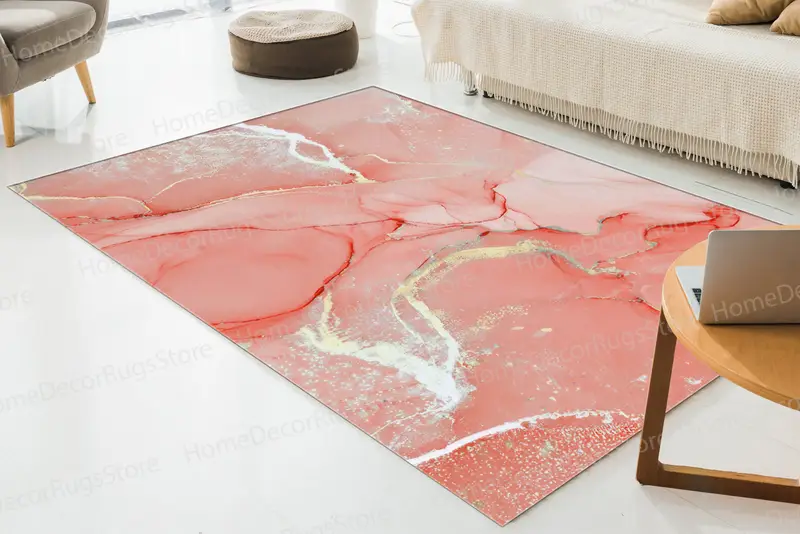 豪華な大理石プリントラグ: コーラル、ゴールド、きらめくデザイン