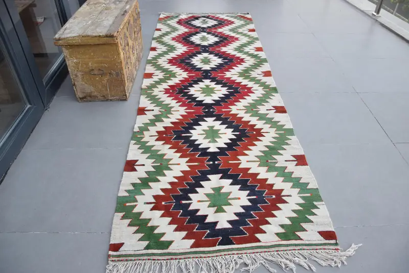 3.37x10.3 ft Vintage Rug, Turkish Runner Rug, Red Green Ikat Rug - 1