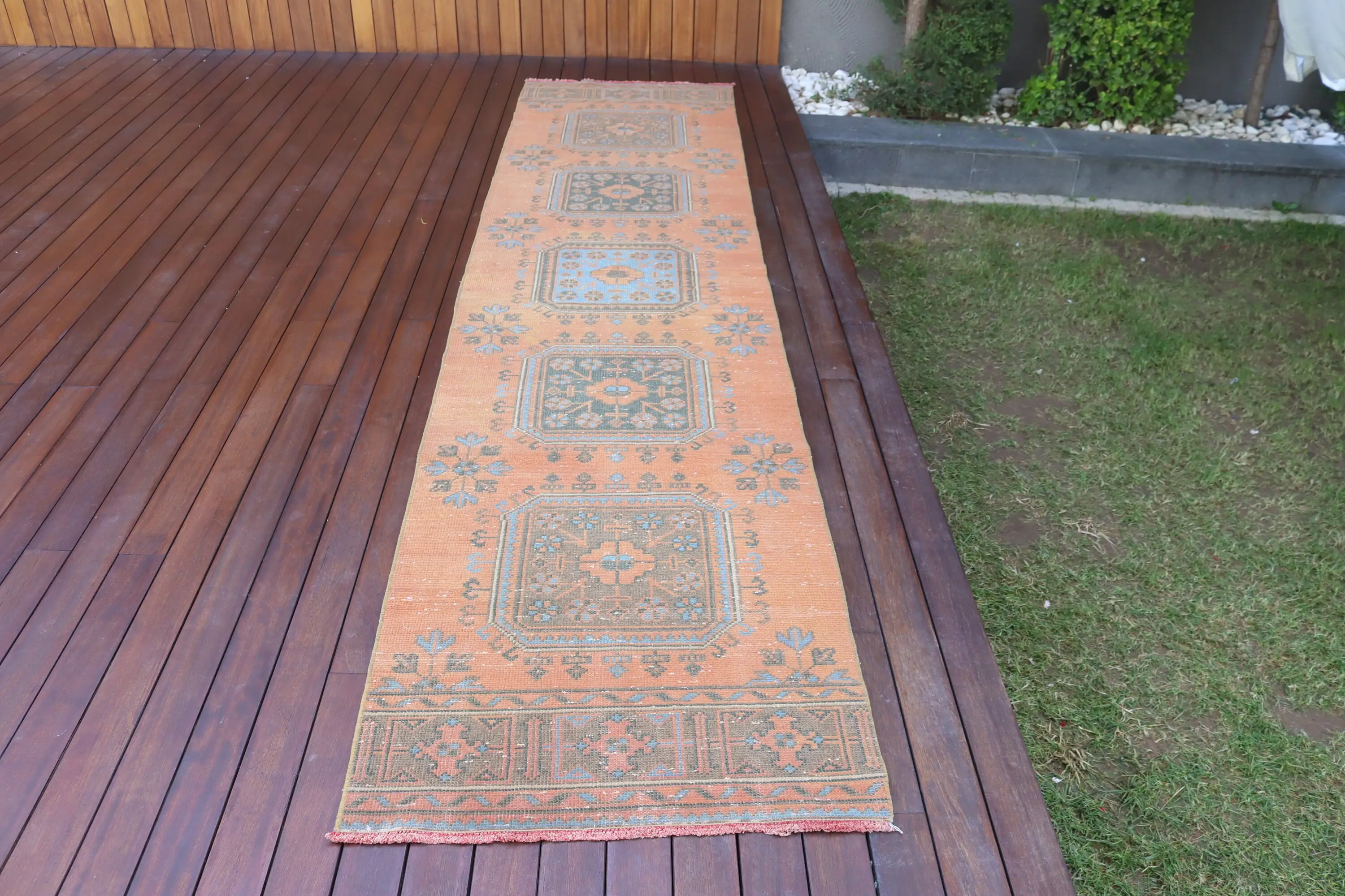 Vintage Turkish Rug 2.67x11.7 ft (81.5x356 cm), Orange Animal Print Wool Rug - 1