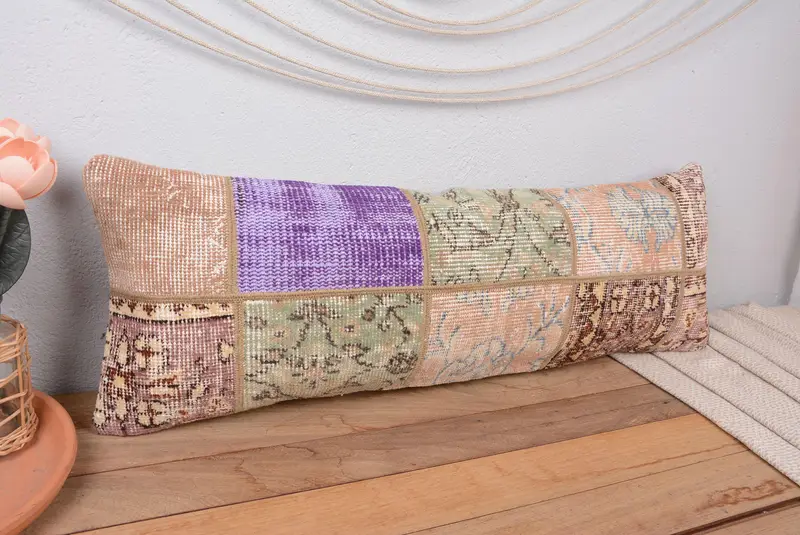 Handgefertigtes Patchwork-Wurfkissen in Orange und Grün, 12 x 36 Vintage-Leinenkissen