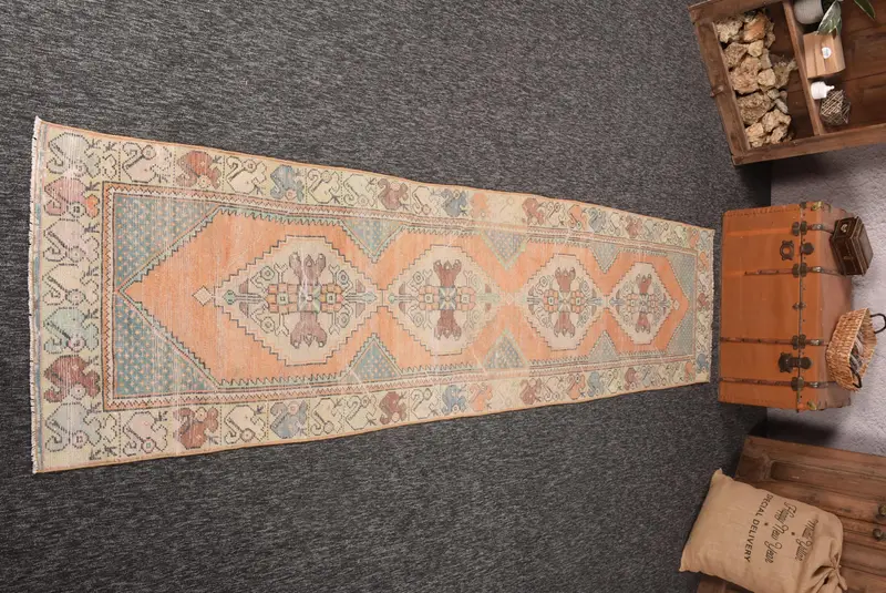 Turkish Vintage Rug 2.6x10.4 ft (80x318 cm), Herki Gray Geometric Rug - 1