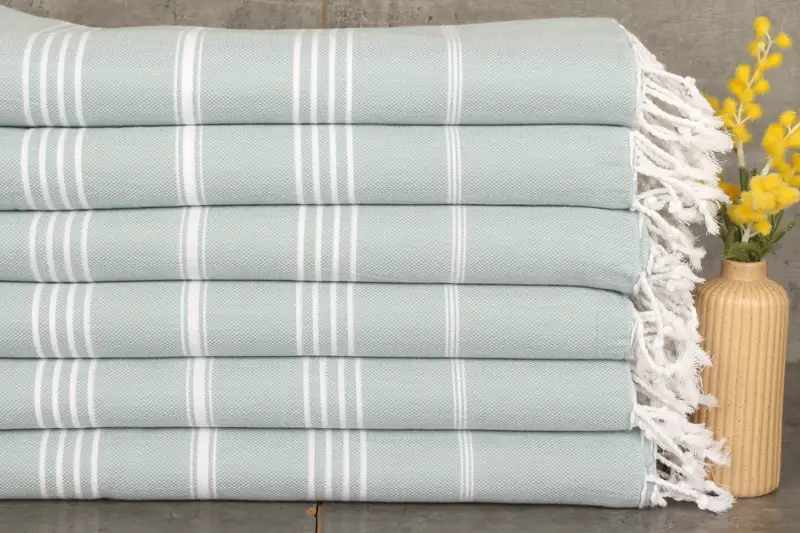 Personalized Turkish Beach Towel Pastel Green Striped Cotton Organic, 70x40 Inches