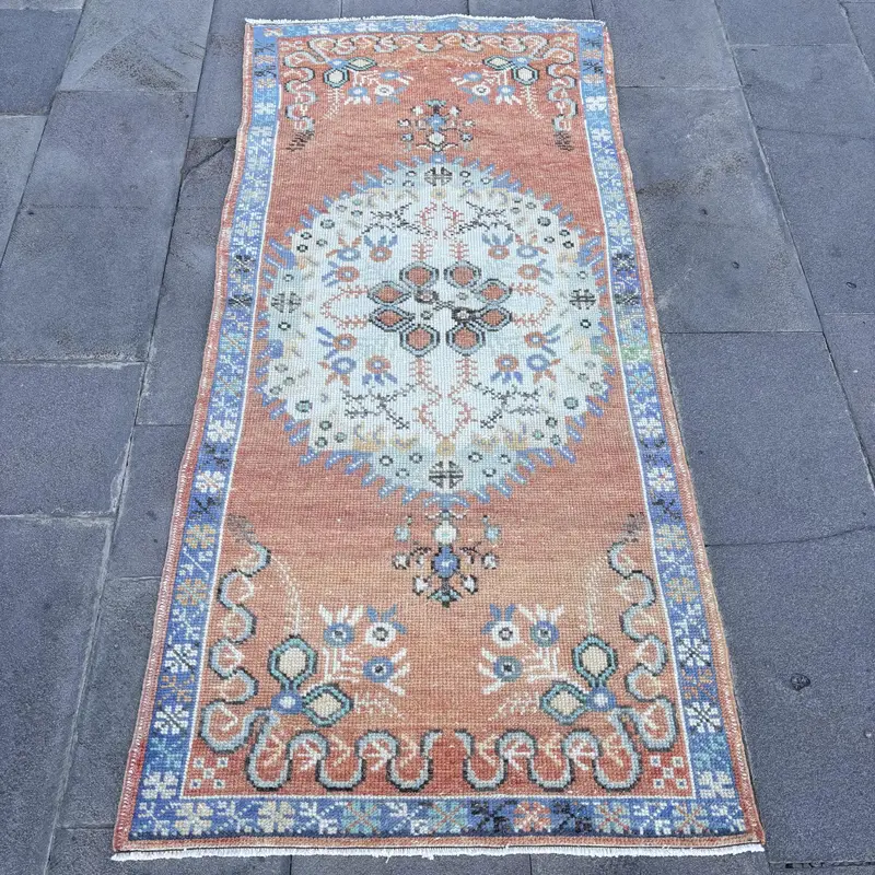 Alfombra vibrante naranja y azul, patrón persa de 2,8x5,9 pies