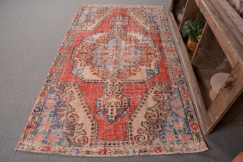 Alfombra a cuadros rojos y beige, decoración elegante para el suelo de 4,3 x 7 pies