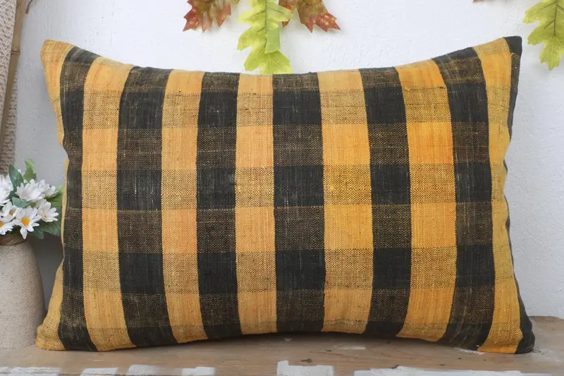 Cushion Cover, Turkish Kilim Pillow, Vintage Kilim Throw Pillow, 16x24 Yellow Pillow Sham, Anatolian Pillow Case, Handmade Kilim Cushion - 2