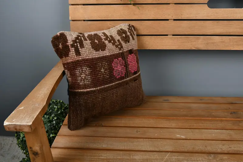 Pillow Sham, Nomadic Pillow, Morroccon Kilim Cushion Cushion, 14x14 Brown Cushion Cover, Kilim Cushion Sham, Turkish Pillow, Boho Pillow Sham Cover - 1
