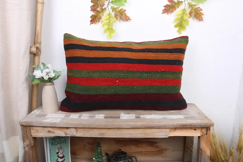 Rot & Braun gestreiftes Wurfkissen, 16x24 handgemachtes Kissen