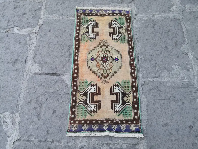 El Yapımı Kahverengi ve Yeşil Dikdörtgen Halı, Küçük Kilimler ve Paspaslar