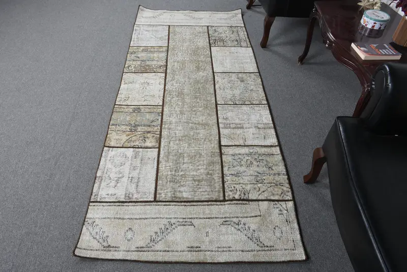 Vintage Halı, 3.1x7.5 ft Accent Türk Halısı, Oushak Gri Kahverengi Çizgili Halı - 1