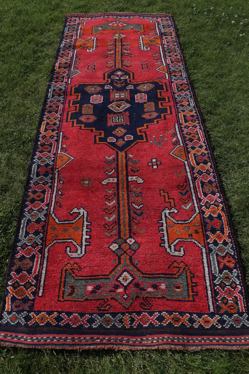 Zarif Pembe & Mavi Oryantal Halı, 111x320 cm