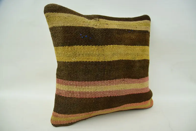 Cotton Cushion, 16x16 Brown Cushion Case, Handmade Kilim Cushion, Cushion Cover, Ethnical Kilim Rug Pillow, Pillow for Sofa - 2