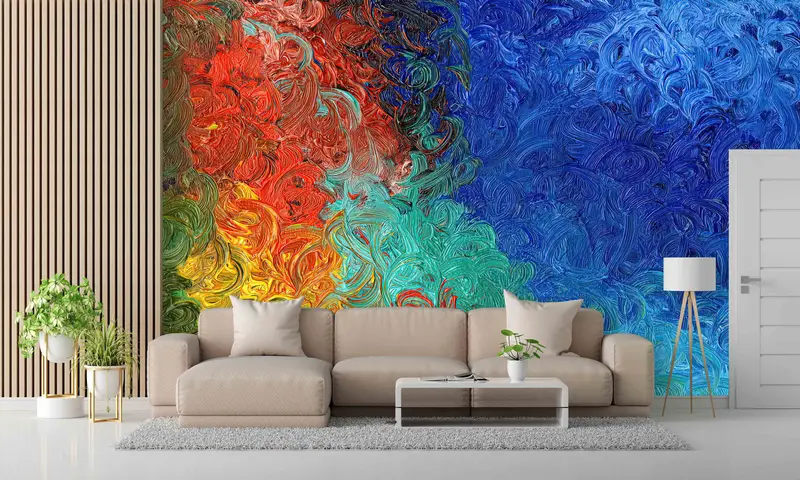 Zarif Çağdaş Mavi ve Renkli Soyut Baskılı Duvar Kağıdı