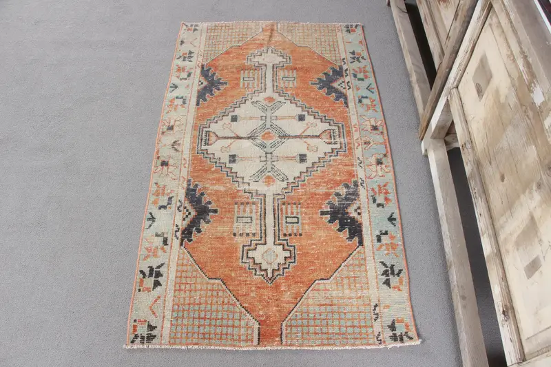Handmade Orange Green Rug, 2x0.4 ft Southwestern Charm