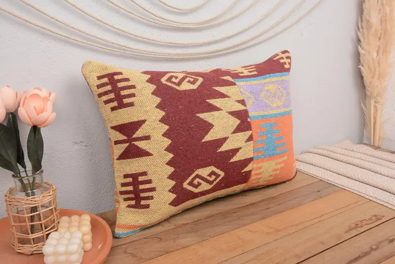 Colorful Pillow, Cushion, 16x24 Red Pillow Case, Traditional Cushion Cover, Vintage Kilim Pillow, Kilim Pillow Cover, Boho Pillow Sham Cover - 1