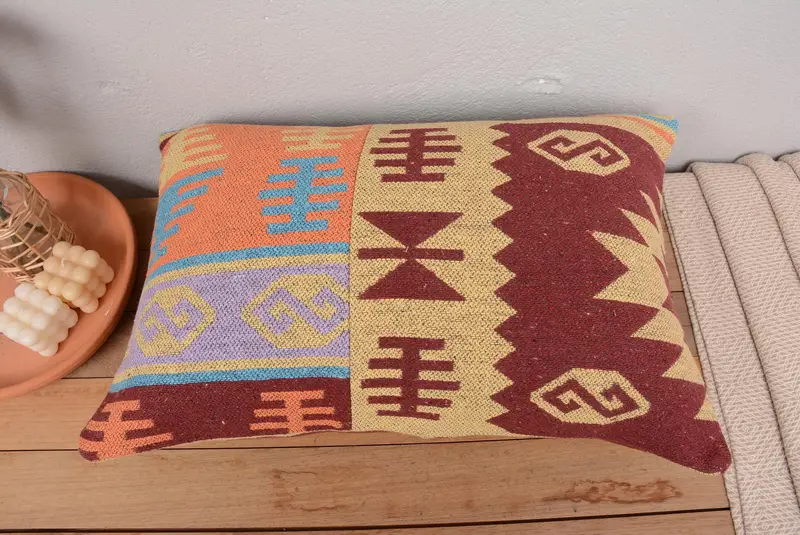 Colorful Pillow, Cushion, 16x24 Red Pillow Case, Traditional Cushion Cover, Vintage Kilim Pillow, Kilim Pillow Cover, Boho Pillow Sham Cover - 6