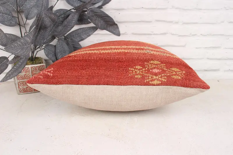 Ethnical Kilim Rug Pillow, Sustainable Pillow Case, Kilim Pillow, Cushion Cover, 18x18 Red Pillow Cover, Throw Kilim Pillow, Oriental Cushion Case - 5