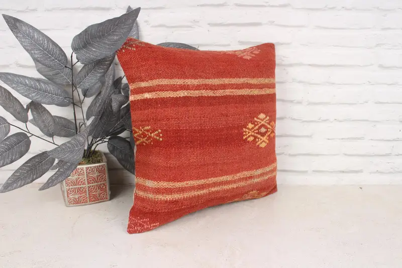 Ethnical Kilim Rug Pillow, Sustainable Pillow Case, Kilim Pillow, Cushion Cover, 18x18 Red Pillow Cover, Throw Kilim Pillow, Oriental Cushion Case - 3