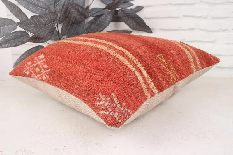 Ethnical Kilim Rug Pillow, Sustainable Pillow Case, Kilim Pillow, Cushion Cover, 18x18 Red Pillow Cover, Throw Kilim Pillow, Oriental Cushion Case - 6