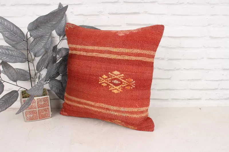 Ethnical Kilim Rug Pillow, Sustainable Pillow Case, Kilim Pillow, Cushion Cover, 18x18 Red Pillow Cover, Throw Kilim Pillow, Oriental Cushion Case - 4