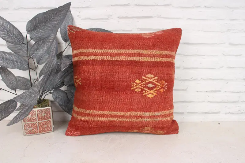 Ethnical Kilim Rug Pillow, Sustainable Pillow Case, Kilim Pillow, Cushion Cover, 18x18 Red Pillow Cover, Throw Kilim Pillow, Oriental Cushion Case - 1