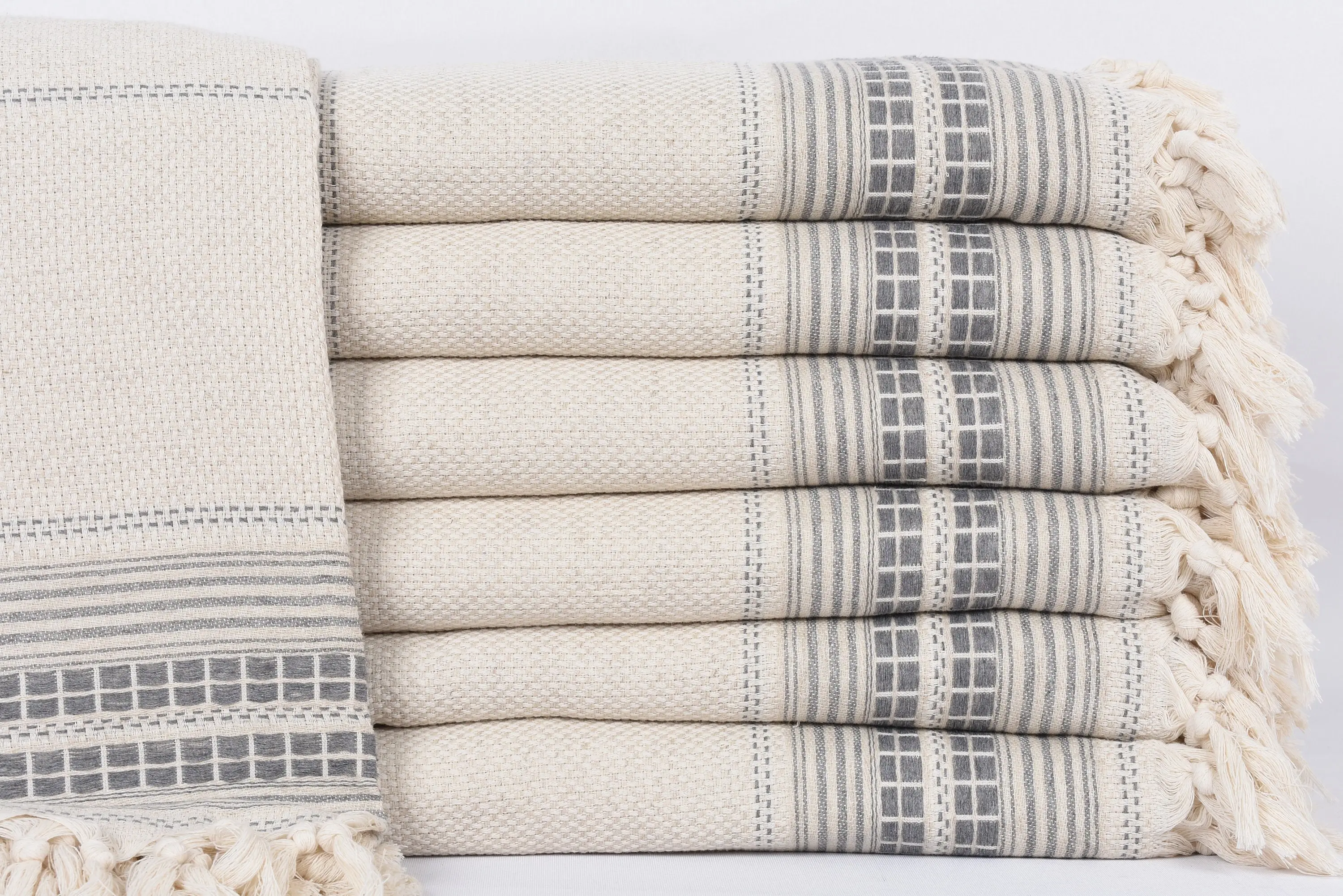 Dark Gray Striped Blanket, Full Bed Size, Embroidered, 95x93 Inches - 1