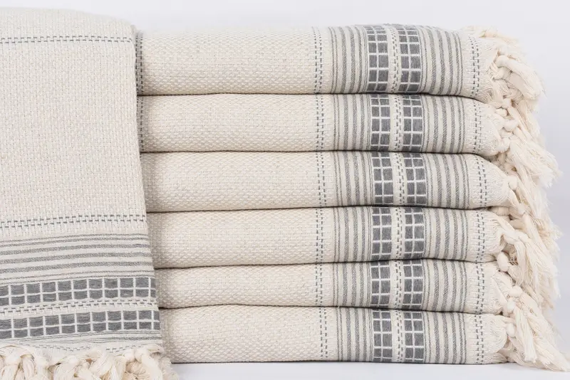 Dark Gray Striped Blanket, Full Bed Size, Embroidered, 95x93 Inches