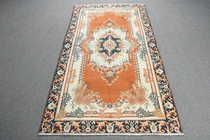 Türk 3.6x6.7 ft Alan Halısı, Vintage Halı, Oushak Turuncu Çiçekli Halı - 1