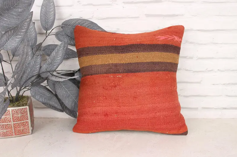 Turkish Kilim Pillow, Handmade Kilim Cushion, Pillow Cover, Pillow for Sofa, Indoor Pillow Cover, 16x16 Brown Pillow Sham, Luxury Cushion Case - 1