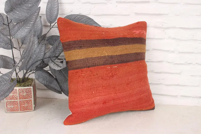 Turkish Kilim Pillow, Handmade Kilim Cushion, Pillow Cover, Pillow for Sofa, Indoor Pillow Cover, 16x16 Brown Pillow Sham, Luxury Cushion Case - 3