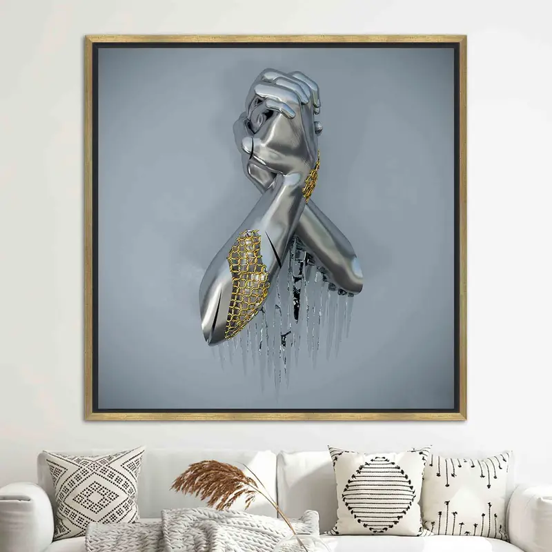 Contemporary Metallic Hand-Printed Canvas with 3D Silver Effect
